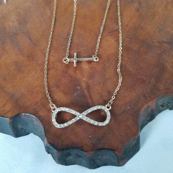 Infinite & Cross Layered Necklace Gold Tone - Picture 5 of 12